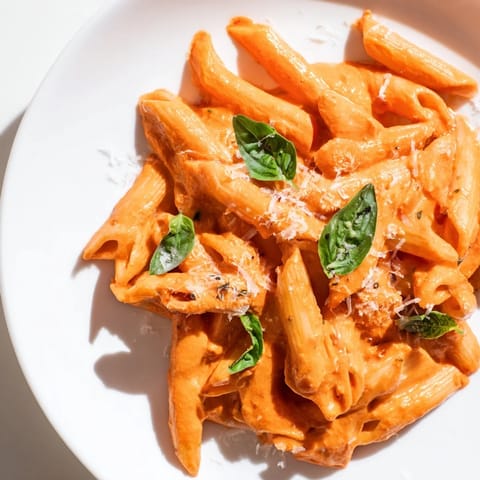 Creamy Roasted Red Pepper Pasta topped with fresh basil and grated Parmesan.