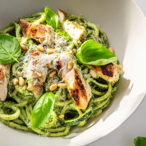 Tender sautéed chicken and fresh zucchini spirals tossed in aromatic basil pesto create a bright, low-carb main dish perfect for summer dinners.