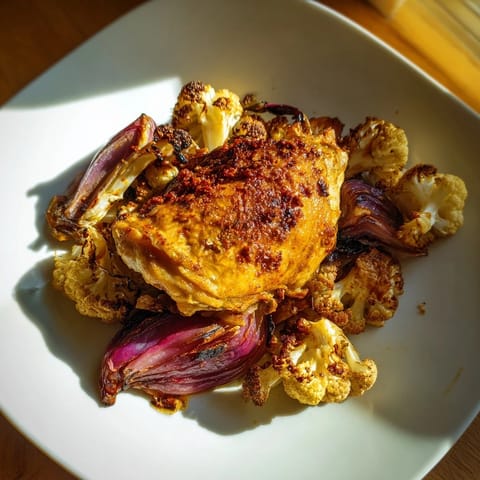 The Roasted Cauliflower Chicken Sheet Pan shows tender vegetables and succulent chicken roasted with spices, garnished with fresh parsley and lemon wedges.  