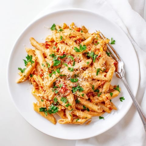 Tender penne pasta tossed in a creamy roasted red pepper sauce, garnished with fresh basil and extra Parmesan.