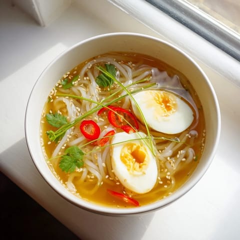 Savory Shirataki Noodles With Broth steaming in a ceramic bowl, surrounded by small dishes of ginger, sesame oil, and fresh herbs.