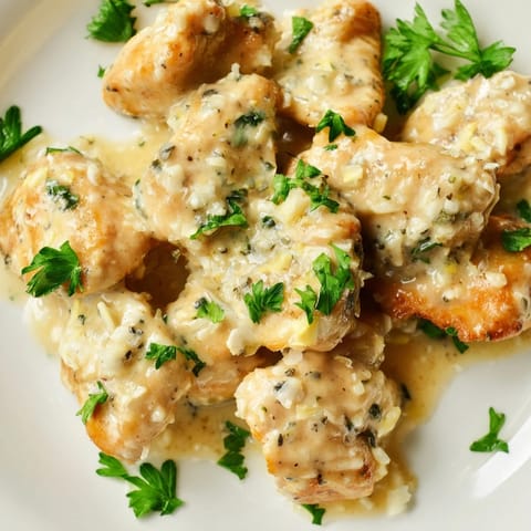 Juicy Creamy Garlic Chicken Bites simmered in a savory garlic cream sauce, garnished with fresh parsley and red pepper flakes.