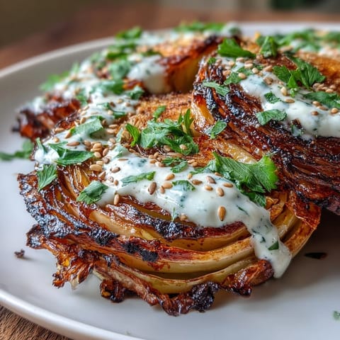 Golden roasted cabbage steaks glistening with creamy tahini drizzle, a delicious vegan main.