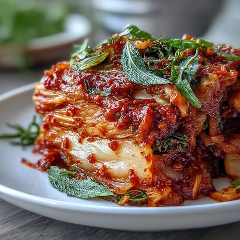Vibrant homemade kimchi, showcasing crisp cabbage and spicy chili paste, ready for fermentation.