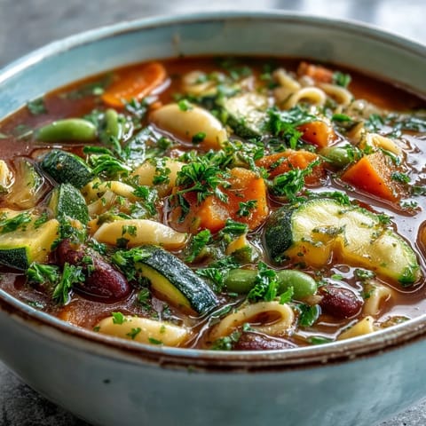 Hearty Vegetable Minestrone soup in a rustic pot, garnished with fresh parsley and grated Parmesan, perfect for a cozy family dinner.