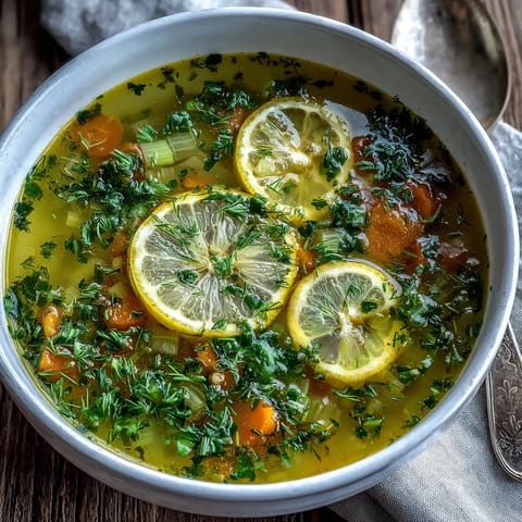Hearty Lemon Herb Soup simmering in a pot with vibrant carrots, celery, and fresh parsley garnish.