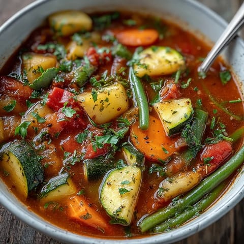 Colorful Italian Herb Vegetable Soup with zucchini and carrots in a white ceramic pot.