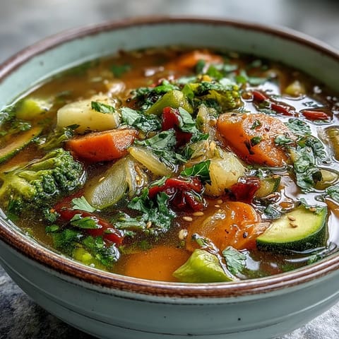 Fresh ginger vegetable soup served hot in a rustic bowl, garnished with cilantro and drizzled with sesame oil.
