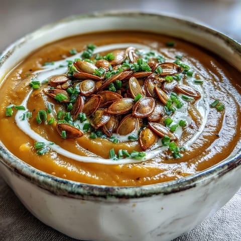 Creamy orange Acorn Squash Soup served hot in a white bowl, garnished with chives and pumpkin seeds.