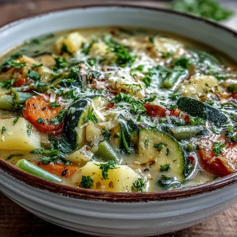 Steaming bowl of Parmesan Veggie Soup garnished with parsley and extra cheese.