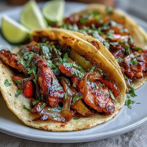 Easy Chicken Fajitas sizzling with peppers and onions, ready to serve in warm flour tortillas for dinner.