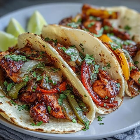 Easy Chicken Fajitas served on a plate with lime wedges and fresh cilantro for a Tex-Mex meal.