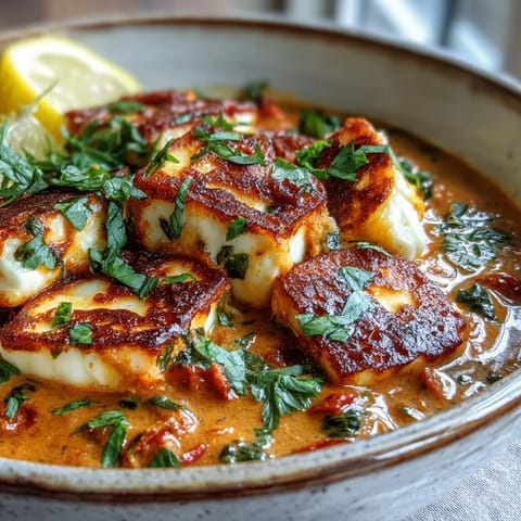 Spoon a serving of Creamy Halloumi and Tomato Curry over fluffy basmati rice, garnished with fresh cilantro and lemon wedges.