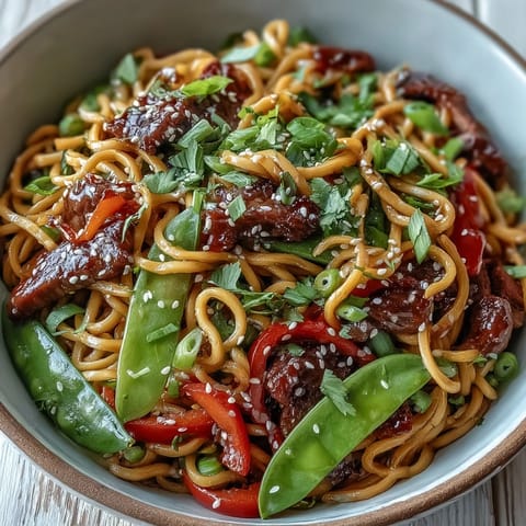 Tender pork, crisp bell peppers, and noodles glisten in a savory sauce in this Pork Noodle Stir-Fry.