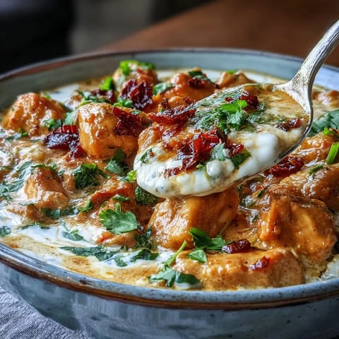 A rustic bowl of Easy Chicken Curry topped with cilantro, served alongside fluffy white rice and warm naan.