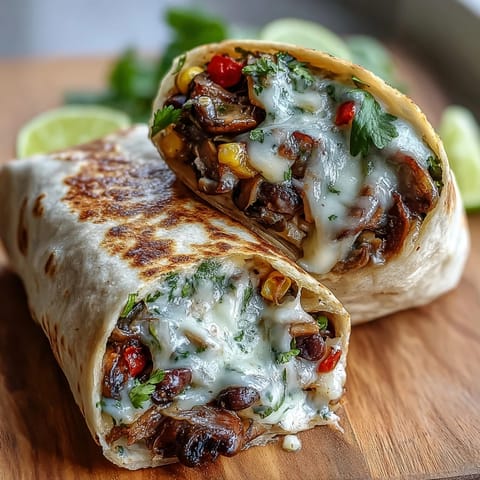 Freshly grilled Veggie Burritos with sautéed mushrooms and melted cheese on a plate with salsa.