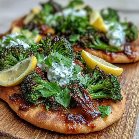Roasted Harissa Broccoli and Flatbreads topped with creamy yogurt and fresh cilantro.