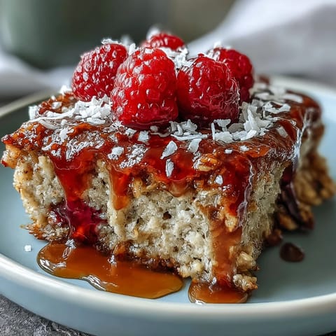 Golden squares of Baked Oatmeal with Raspberry and Coconut cooling on a rustic wooden board.
