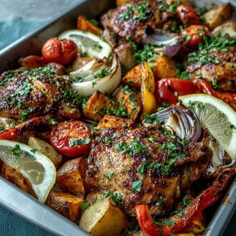 Golden-brown piri-piri chicken thighs and roasted sweet potatoes sizzle together in this vibrant Chicken and Sweet Potato Traybake. 