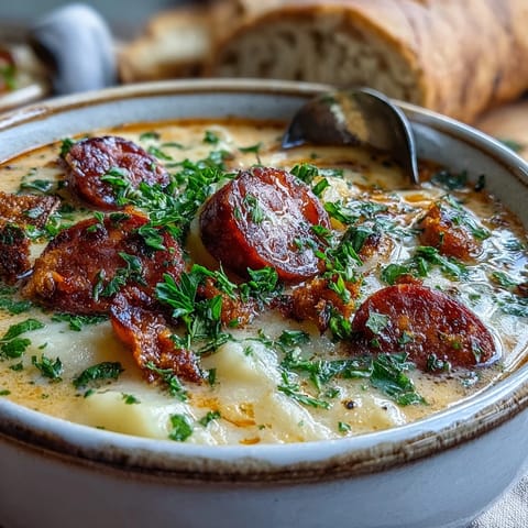 Steaming bowl of Potato, Leek and Chorizo Soup topped with fresh parsley, ready to serve.