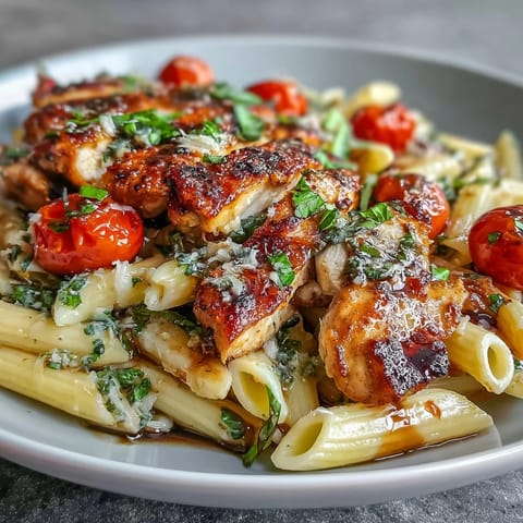 Bright cherry tomatoes soften around golden-seared chicken and al dente penne, tossed with fresh basil, mozzarella, and balsamic in this Bruschetta Chicken Pasta.