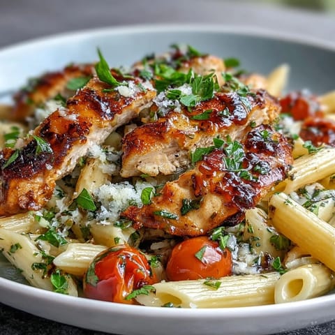 A warm skillet of Bruschetta Chicken Pasta with juicy tomatoes, tender chicken, and melted mozzarella, finished with a drizzle of olive oil and fresh basil.
