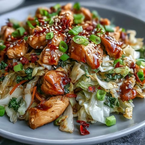 Steaming bowl of Egg Roll Bowls with Chicken and Cabbage, topped with sesame seeds, green onions, and a spoonful of chili crisp.