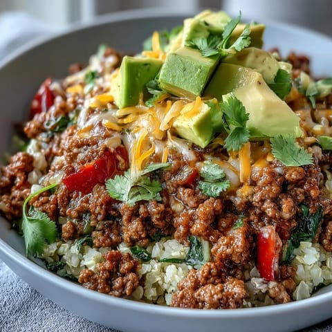 A plated Low Carb Burrito Bowl with seasoned ground beef, cauliflower rice, lettuce, tomatoes, and creamy avocado.