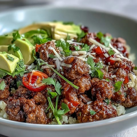 Savory seasoned beef and cauliflower rice topped with cheddar, sour cream, and cilantro in a Low Carb Burrito Bowl.