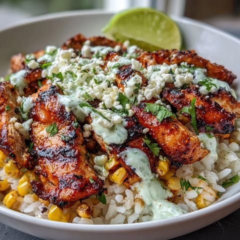 Heaping bowl of Street Corn Chicken and Rice Bowls with creamy cotija, zesty crema, and fresh cilantro garnish.