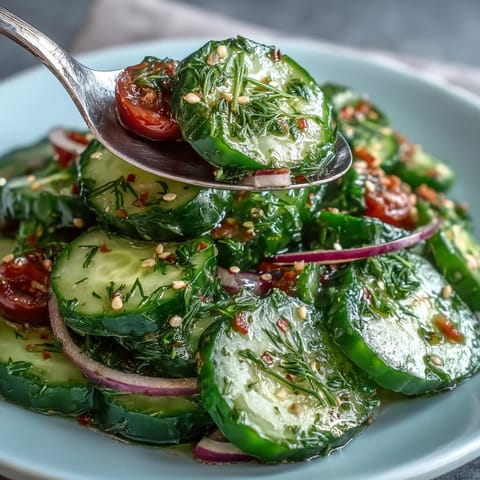 Tangy vinegar-dressed Refreshing Crunchy Cucumber Salad piled high with red onion and sesame seeds.