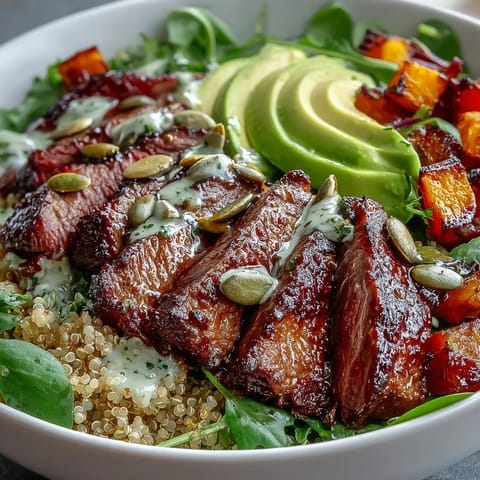 Golden roasted butternut squash steak bowls are topped with creamy avocado, sliced steak, and vibrant greens on fluffy quinoa.