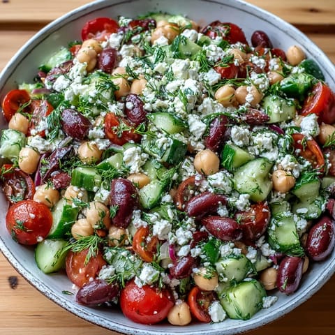 Bright and zesty Greek Bean Salad with lemon-marinated beans, crisp cucumber, tomatoes, and crumbled feta in a white bowl.