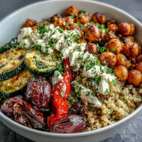 A close-up of Mediterranean Buddha Bowl with roasted zucchini, bell pepper, and chickpeas over fluffy quinoa, topped with creamy hummus, Greek yogurt, and crumbled feta.
