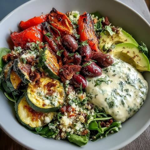 A vibrant Vegan Mediterranean Buddha Bowl with roasted vegetables, hummus, avocado, and tahini dressing on a dark plate.