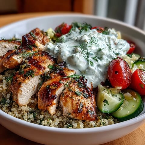 Bright Greek Chicken Power Bowl with juicy sliced chicken, fluffy quinoa, crisp cucumbers, tomatoes, and creamy tzatziki.