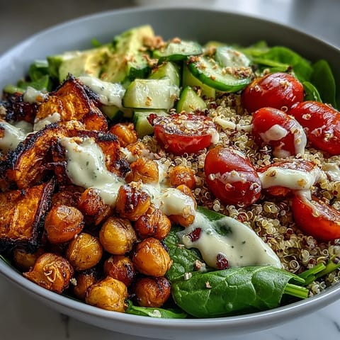 Fluffy quinoa base topped with golden roasted sweet potatoes, crispy chickpeas, and fresh veggies drizzled with creamy garlic tahini dressing.