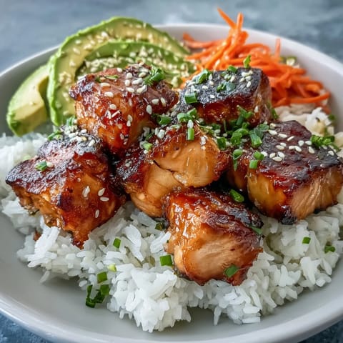 Golden broiled salmon cubes, fluffy white rice, and crisp cucumber slices fill this vibrant Baked Salmon Rice Bowl, ready for a drizzle of sriracha mayo.