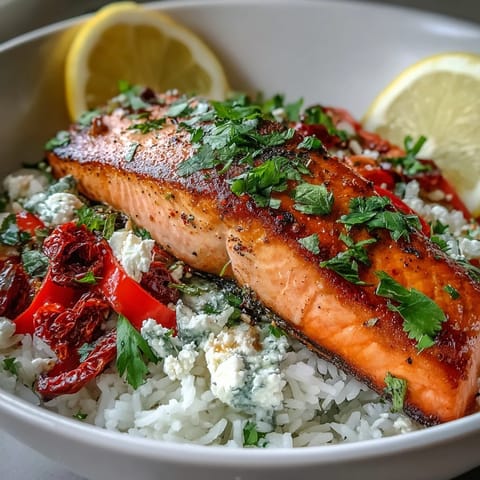 Golden-brown crispy rice topped with flaky pan-seared Mediterranean Salmon Bowl, fresh cilantro, and sun-dried tomatoes.