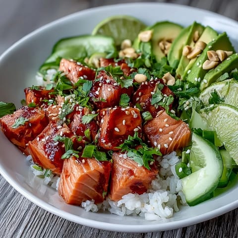 Freshly prepared Avocado Salmon Bowl with marinated salmon, sliced avocado, and spicy chili oil drizzled over seasoned sushi rice.
