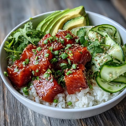A close-up of an Avocado Salmon Bowl topped with chopped peanuts, cucumber slices, and a dollop of wasabi for an umami kick.
