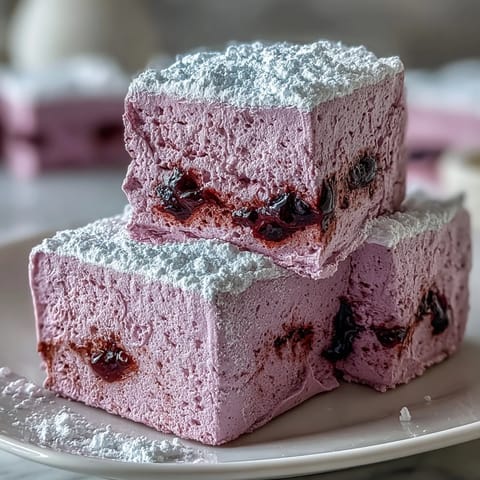 Frosted Black Currant Marshmallows cut into squares, revealing a vibrant, soft lavender hue and a sticky, pillowy texture.
