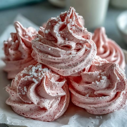 Glossy Black Currant Meringues with vibrant purple swirls, delicately crisp and gluten-free, arranged on a rustic wooden tray.