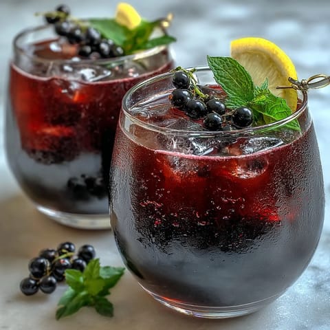 A refreshing Black Currant and Cassis Cocktail poured over ice, showcasing the deep purple hue and lemon twist garnish.