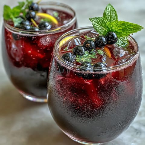 Two glasses of Black Currant and Cassis Cocktail garnished with fresh blackcurrants, sitting on a chilled surface.
