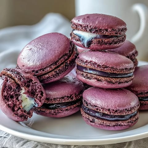 Elegant blackcurrant macarons with smooth purple ganache between crisp almond shells, perfect for tea time or celebrations.