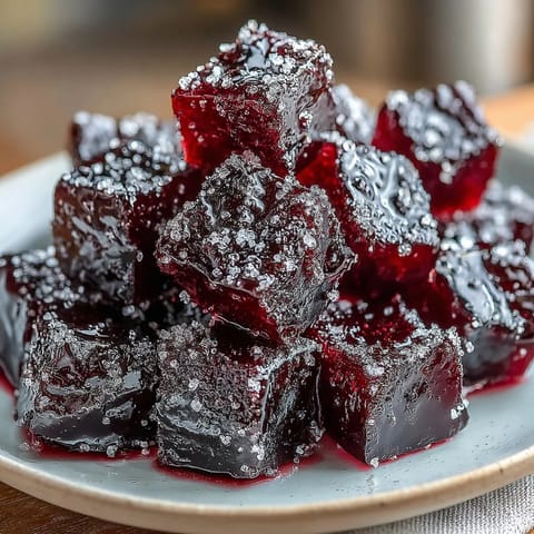 1. Vibrant black currant gummies glisten with a glossy finish, offering a tangy-sweet burst in every chewy bite.  