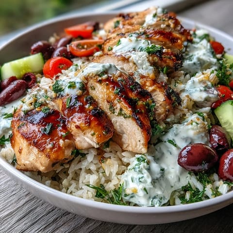 Vibrant Greek chicken bowl with herbed rice, juicy seasoned chicken, and fresh tomato-cucumber salad, topped with creamy tzatziki and olives.