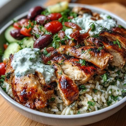 Wholesome Greek chicken bowl featuring tender lemon-oregano chicken over fluffy rice, crisp veggies, and tangy tzatziki for a Mediterranean-inspired meal.