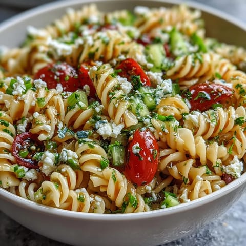 Bright and refreshing Lemon Vinaigrette Pasta Salad with Cucumbers and Cherry Tomatoes, featuring al dente pasta, fresh herbs, and tangy citrus dressing for a light, flavorful meal.